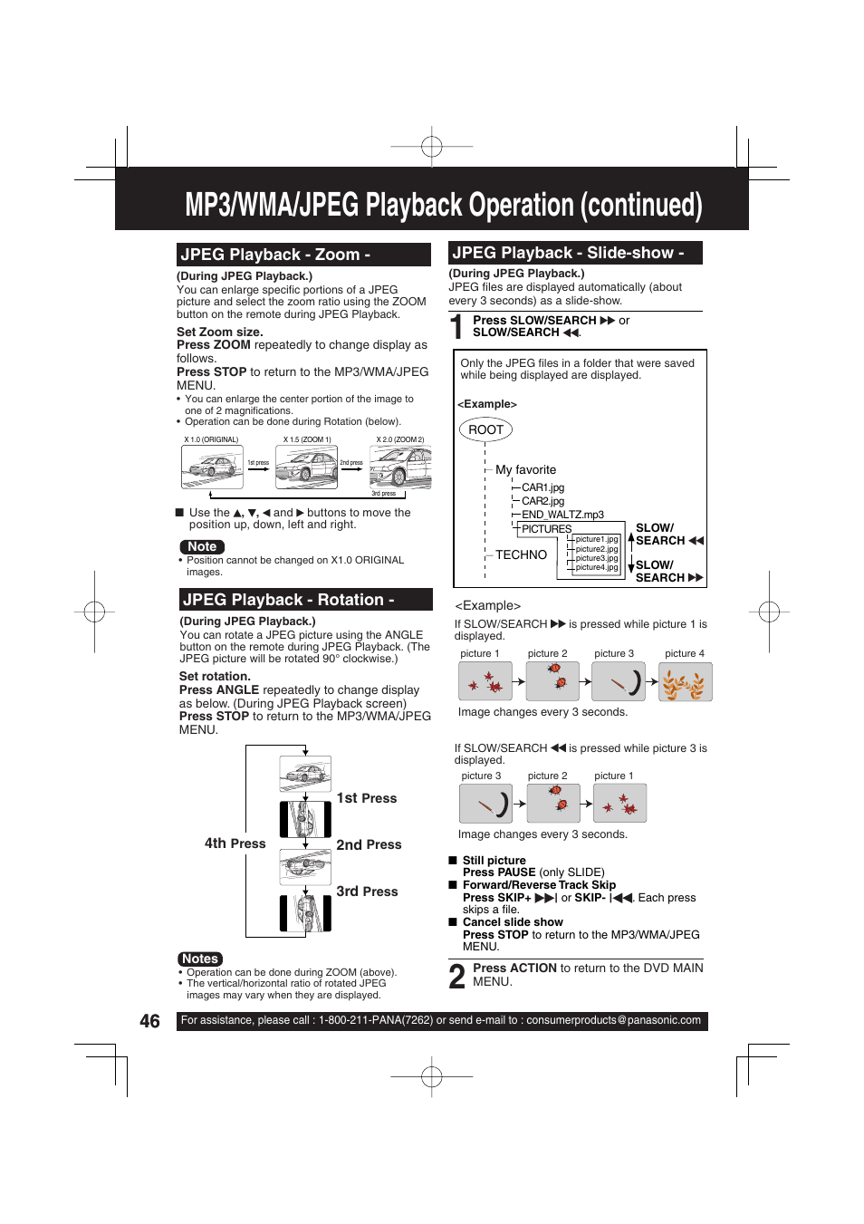 Mp3/wma/jpeg playback operation (continued), Jpeg playback - slide-show, Jpeg playback - zoom - jpeg playback - rotation | Panasonic PV 20DF63 User Manual | Page 46 / 68