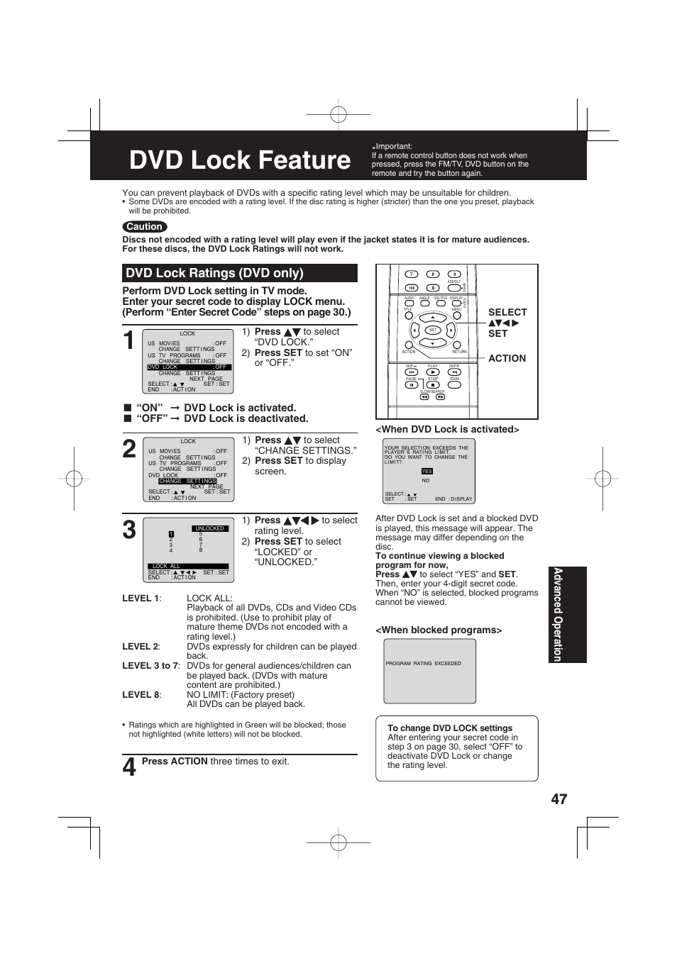 Dvd lock feature, Dvd lock ratings (dvd only), Ad vanced operation | Panasonic PV 20DF63 User Manual | Page 47 / 68