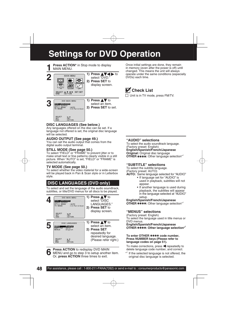 Settings for dvd operation, Disc languages (dvd only), Check list | Panasonic PV 20DF63 User Manual | Page 48 / 68