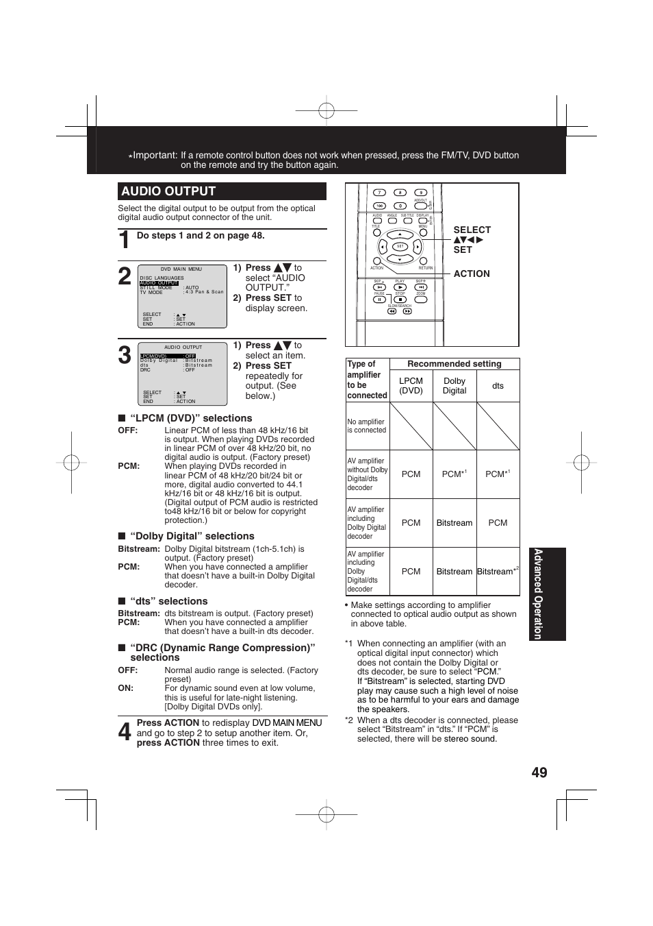 Audio output, Ad vanced operation | Panasonic PV 20DF63 User Manual | Page 49 / 68