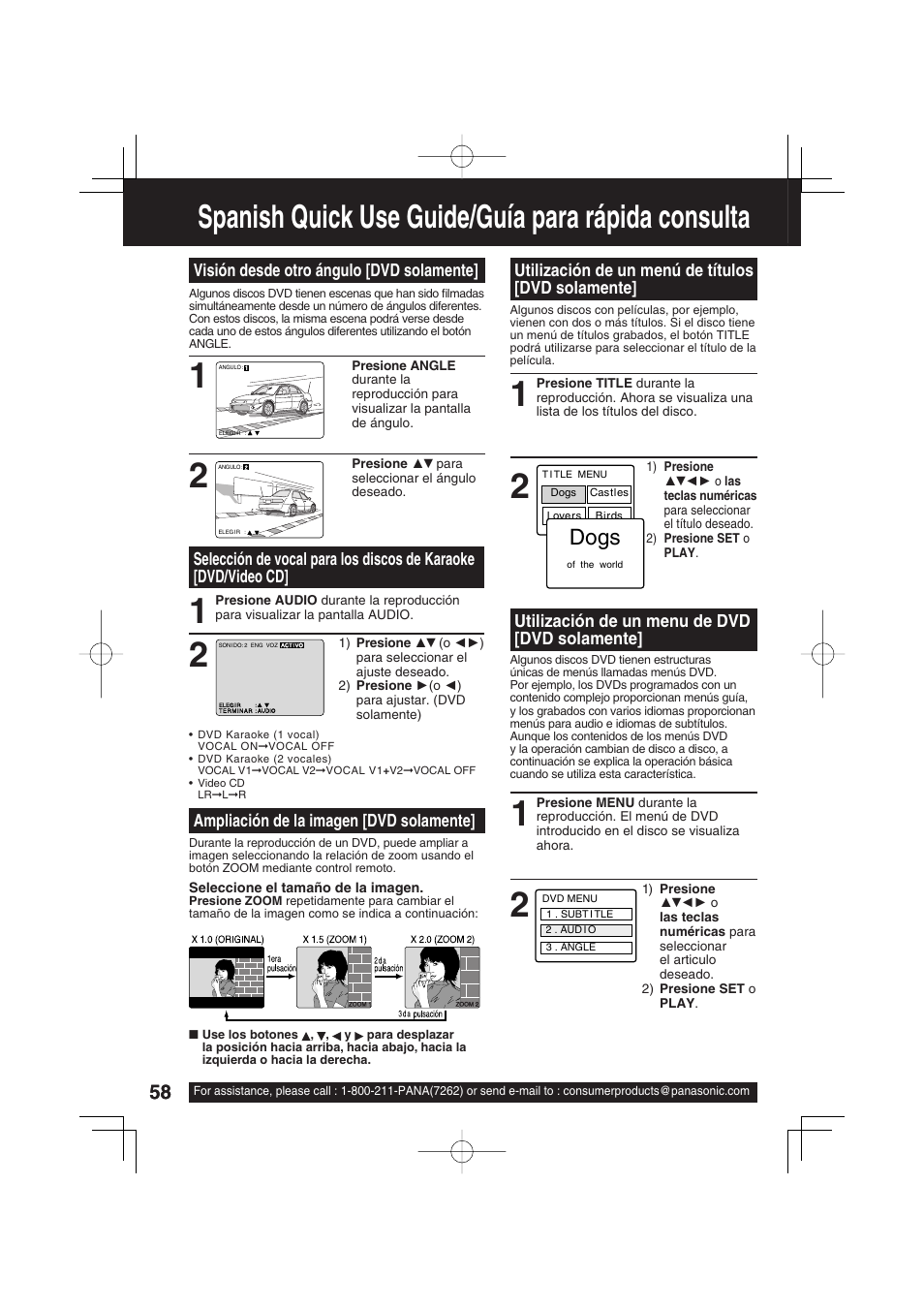 Spanish quick use guide/guía para rápida consulta, Dogs, Utilización de un menú de títulos [dvd solamente | Utilización de un menu de dvd [dvd solamente | Panasonic PV 20DF63 User Manual | Page 58 / 68
