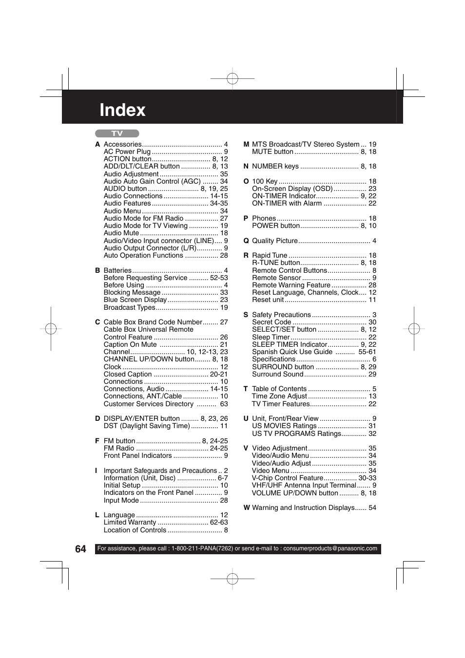 Index | Panasonic PV 20DF63 User Manual | Page 64 / 68