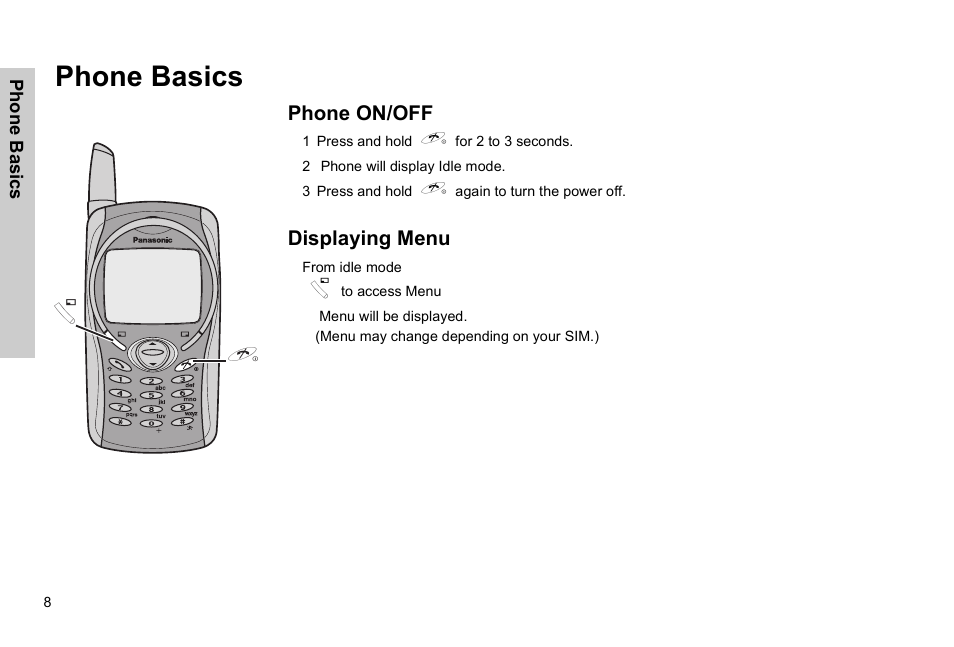 Phone basics, Phone on/off displaying menu | Panasonic EB-G51E User Manual | Page 11 / 90