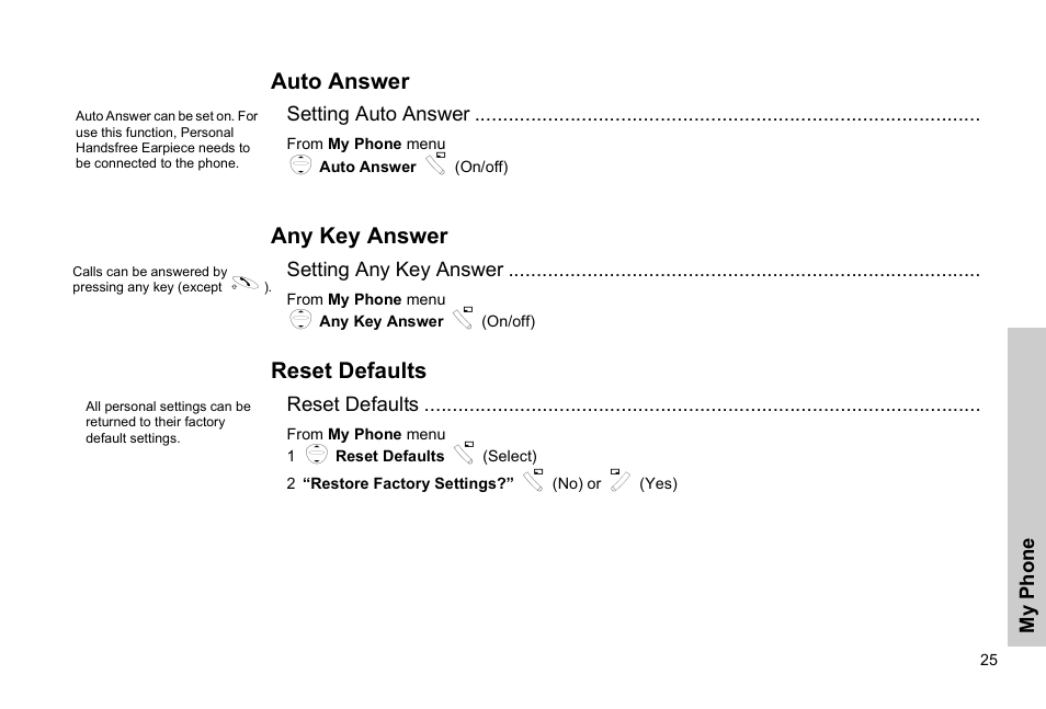 Auto answer any key answer reset defaults, Auto answer, Any key answer | Reset defaults | Panasonic EB-G51E User Manual | Page 28 / 90