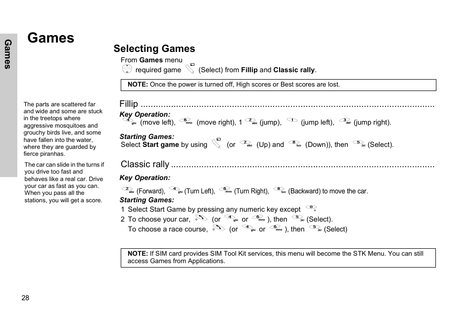 Games, Selecting games | Panasonic EB-G51E User Manual | Page 31 / 90