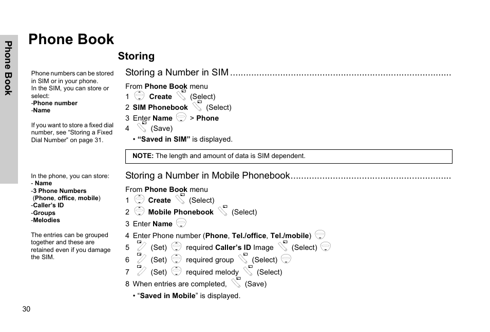 Phone book, Storing | Panasonic EB-G51E User Manual | Page 33 / 90