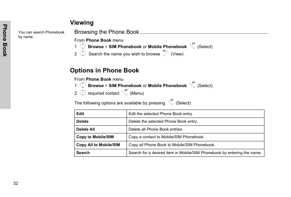 Viewing options in phone book, Viewing, Options in phone book | Panasonic EB-G51E User Manual | Page 35 / 90