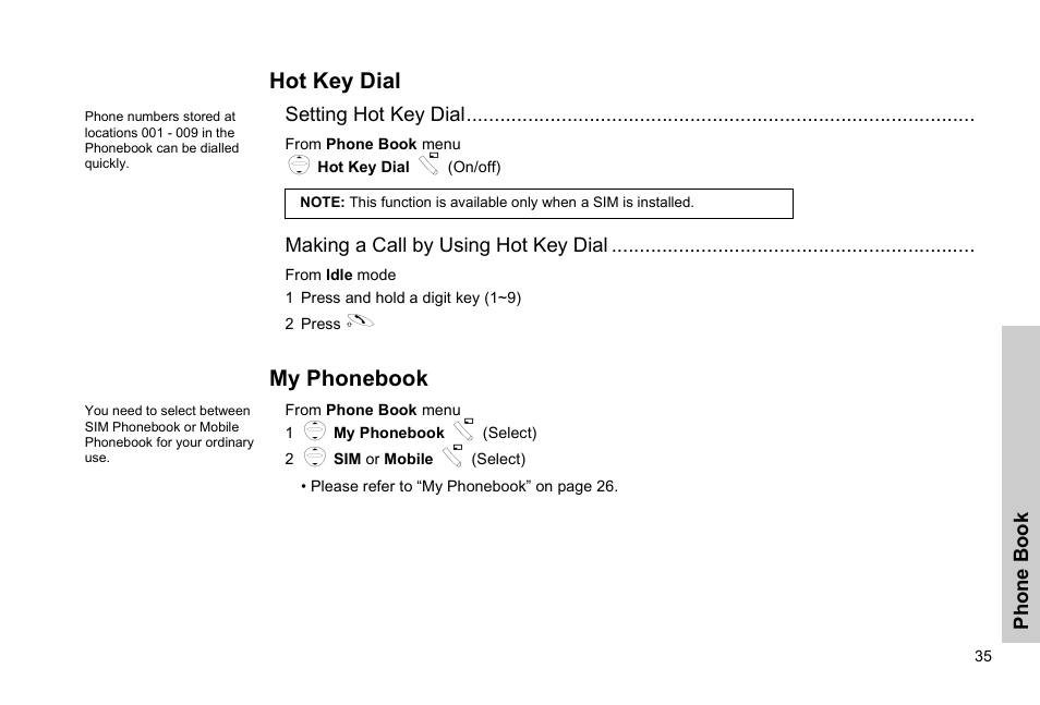 Hot key dial my phonebook, Hot key dial, Cmy phonebook | Panasonic EB-G51E User Manual | Page 38 / 90