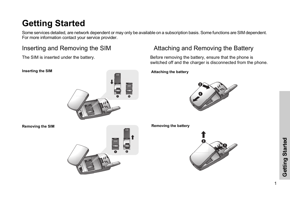 Getting started, Inserting and removing the sim, Attaching and removing the battery | Gettin g st arte d | Panasonic EB-G51E User Manual | Page 4 / 90