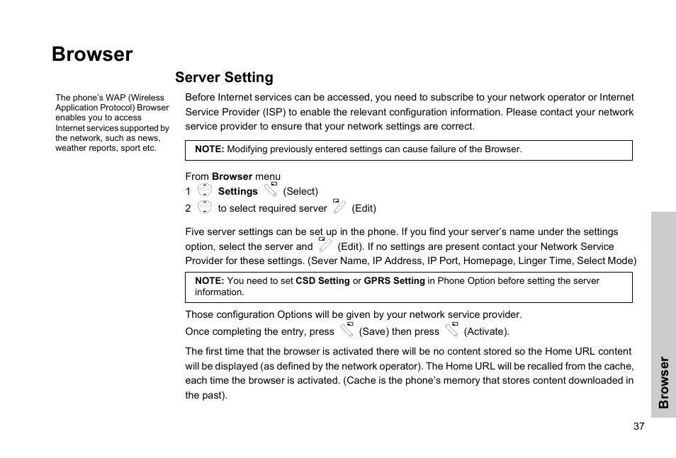 Browser, Server setting | Panasonic EB-G51E User Manual | Page 40 / 90