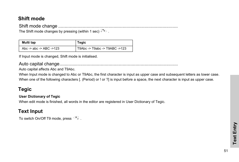 Shift mode tegic text input, Shift mode, Tegic | Text input | Panasonic EB-G51E User Manual | Page 54 / 90