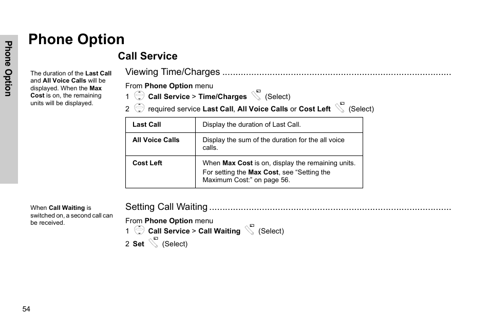 Phone option, Call service | Panasonic EB-G51E User Manual | Page 57 / 90