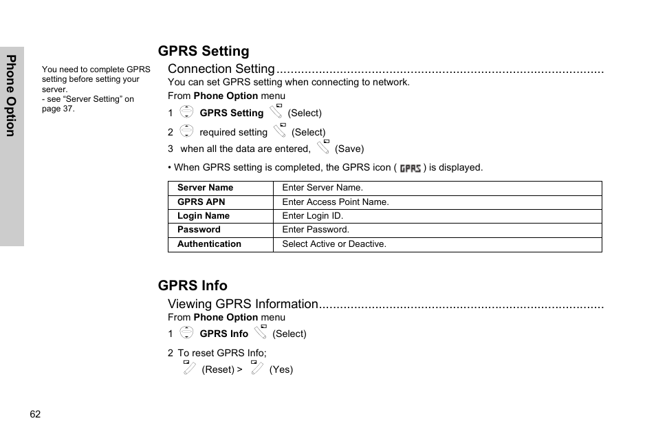 Gprs setting gprs info, Gprs setting, Gprs info | Panasonic EB-G51E User Manual | Page 65 / 90