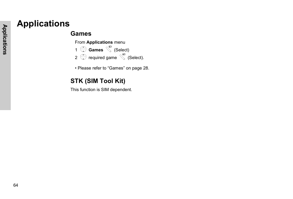 Applications, Games stk (sim tool kit) | Panasonic EB-G51E User Manual | Page 67 / 90