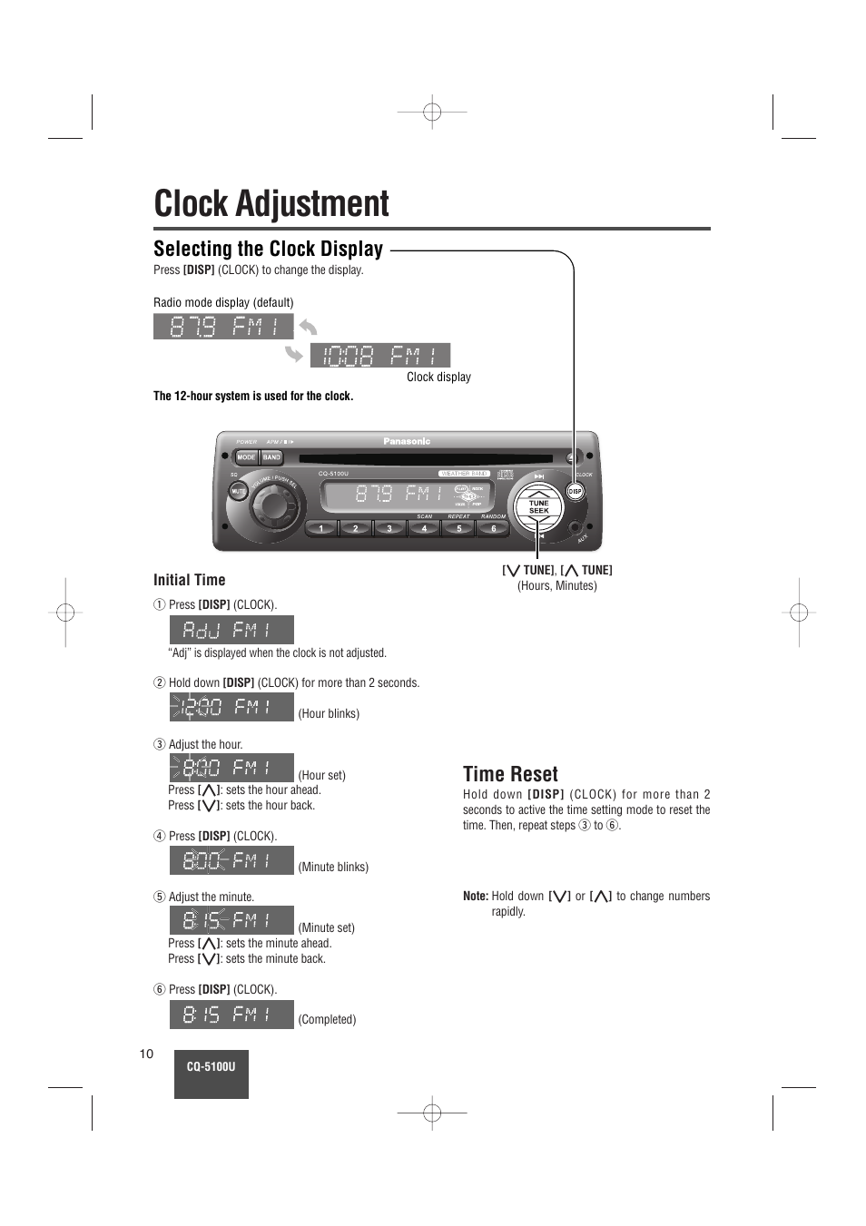 Clock adjustment, Selecting the clock display, Time reset | Panasonic CQ-5100U User Manual | Page 10 / 32