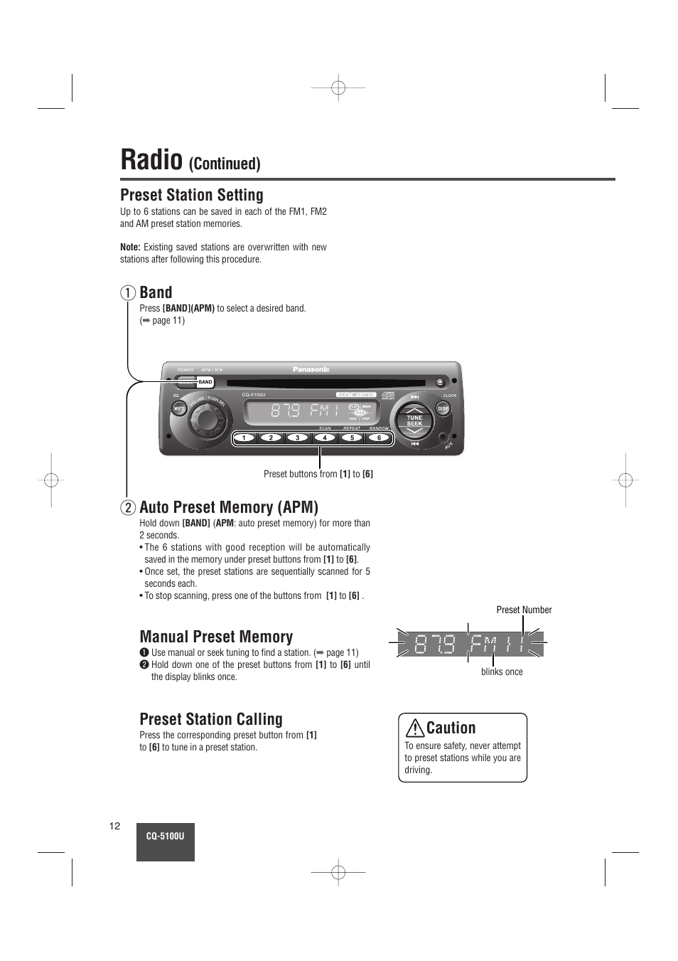 Radio, Continued), Preset station setting | Band, Preset station calling, Qw caution | Panasonic CQ-5100U User Manual | Page 12 / 32