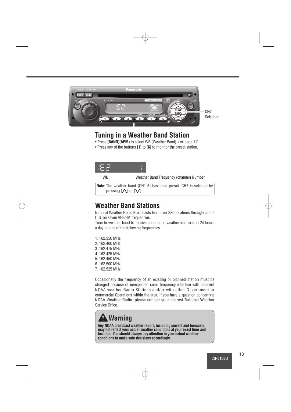 Tuning in a weather band station, Weather band stations, Warning | Panasonic CQ-5100U User Manual | Page 13 / 32