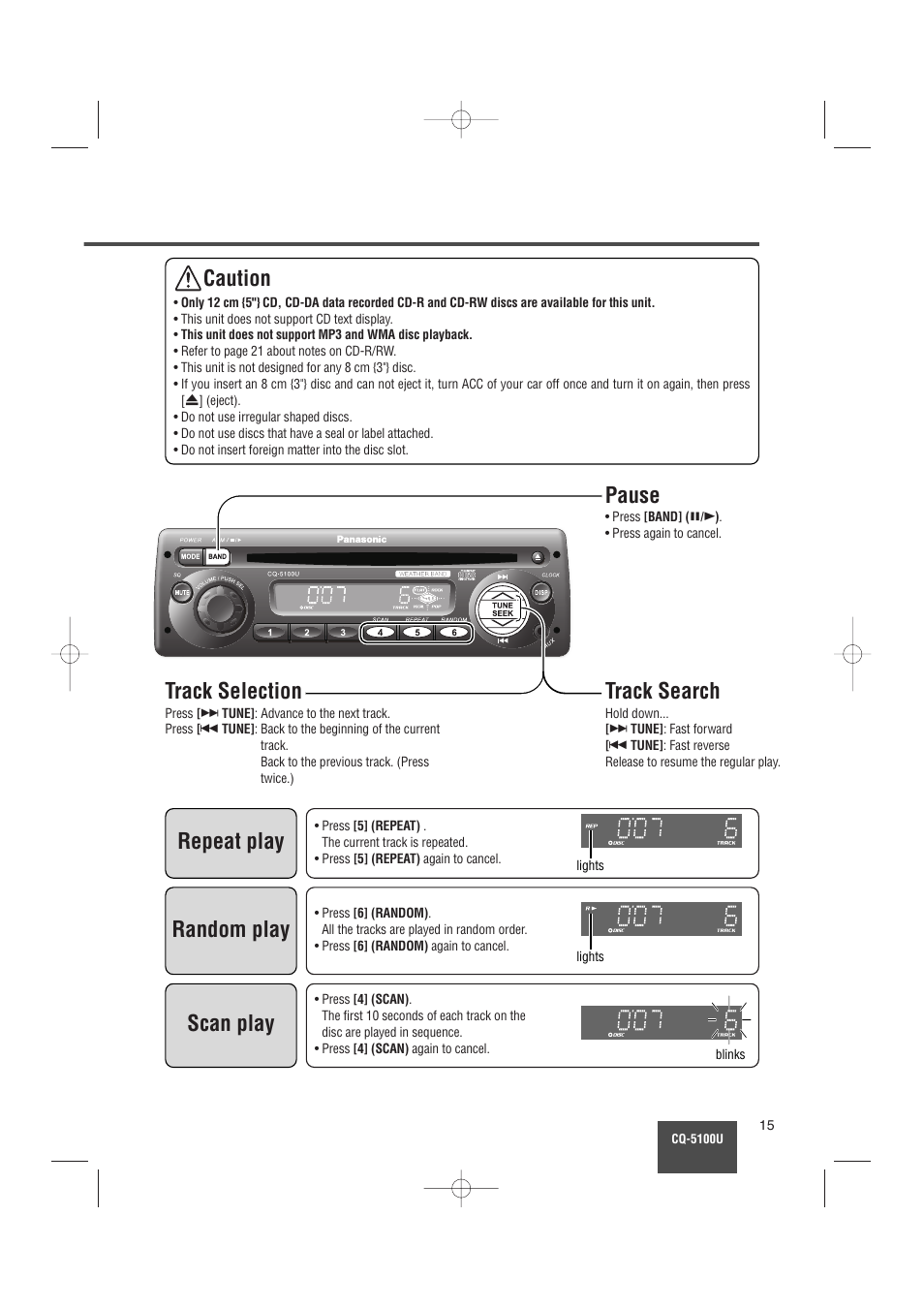 Track search, Pause, Track selection | Repeat play, Random play, Scan play, Caution | Panasonic CQ-5100U User Manual | Page 15 / 32