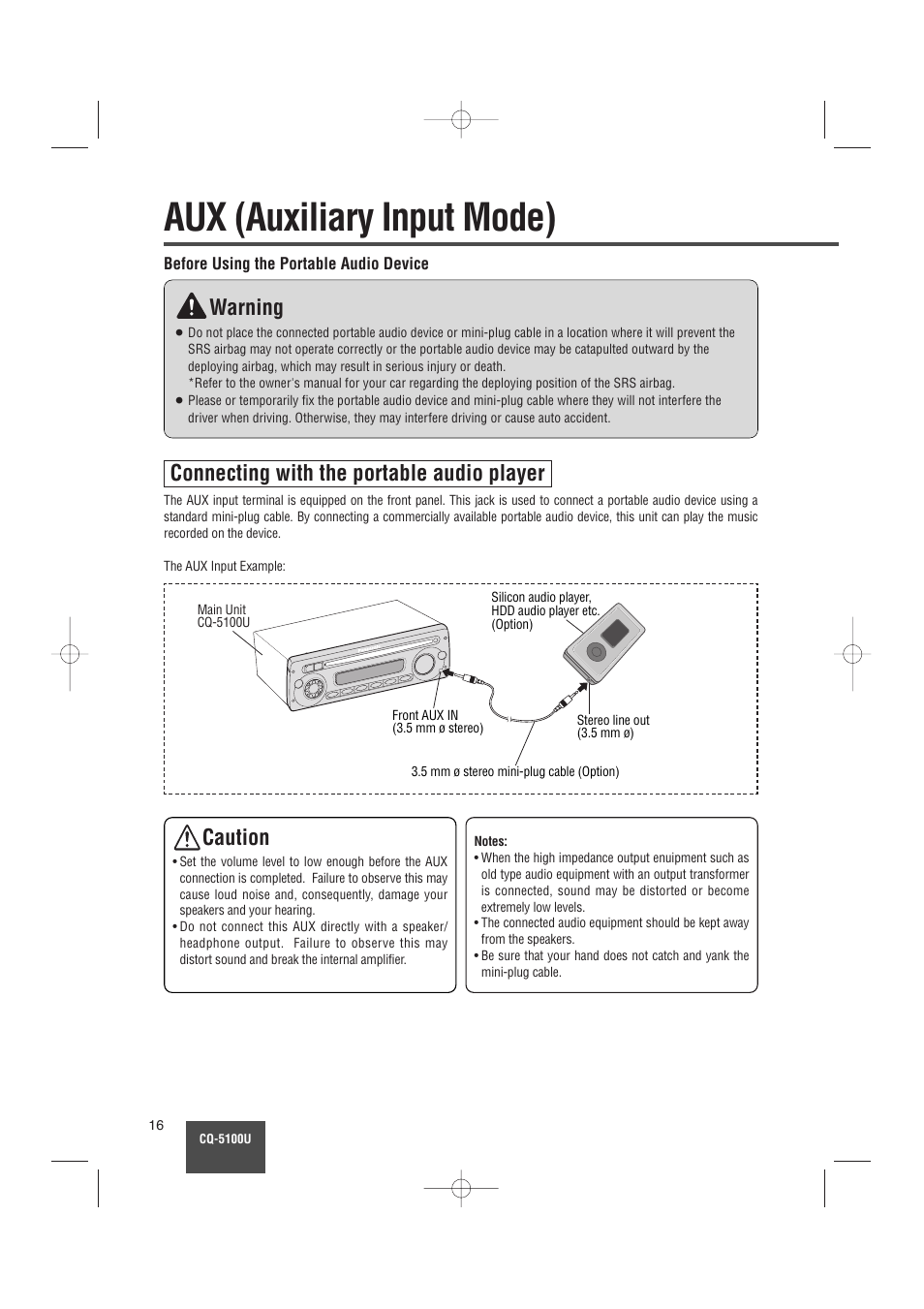 Aux (auxiliary input mode), Connecting with the portable audio player, Caution | Warning | Panasonic CQ-5100U User Manual | Page 16 / 32