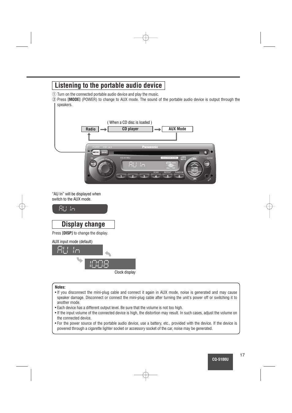 Listening to the portable audio device, Display change | Panasonic CQ-5100U User Manual | Page 17 / 32