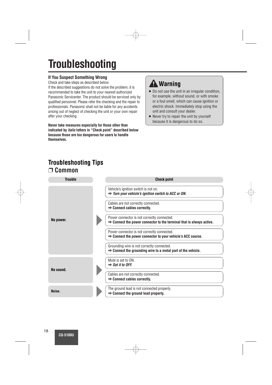 Troubleshooting, Troubleshooting tips ❐ common, Warning | Panasonic CQ-5100U User Manual | Page 18 / 32