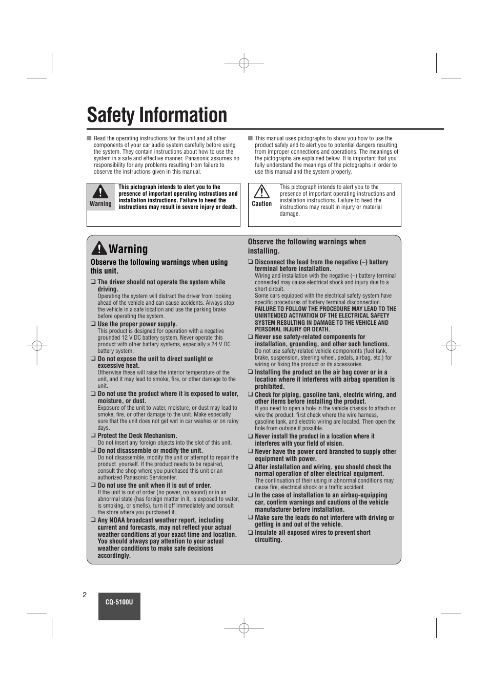 Safety information(part 15 of the fcc rules), Safety information, Warning | Panasonic CQ-5100U User Manual | Page 2 / 32