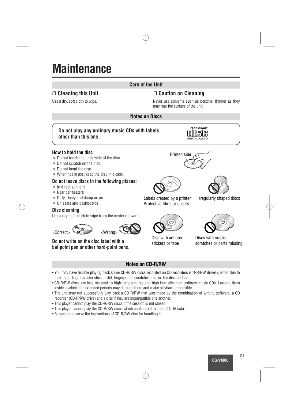 Maintenance | Panasonic CQ-5100U User Manual | Page 21 / 32