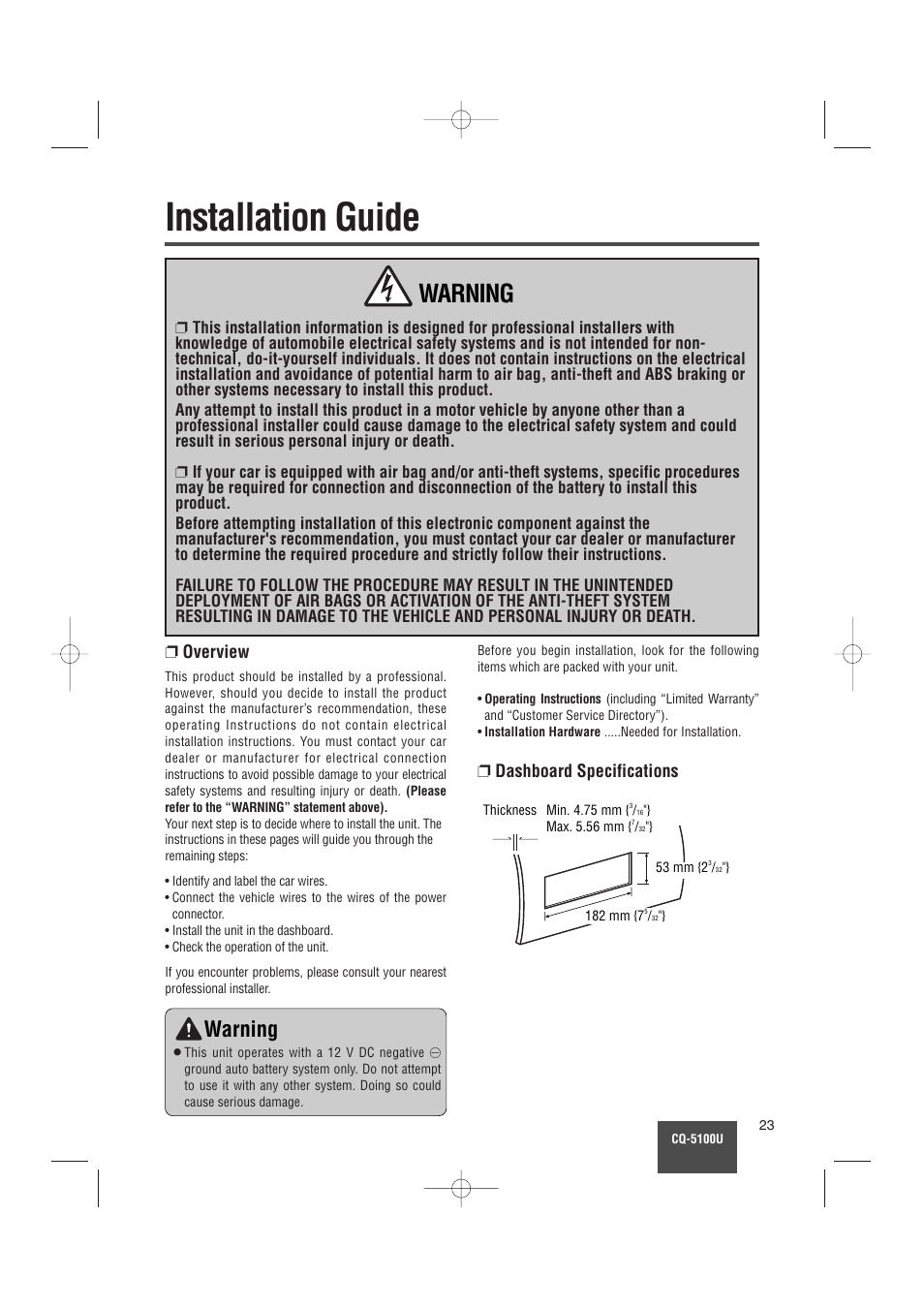 Installation guide, Warning, Overview | Dashboard specifications | Panasonic CQ-5100U User Manual | Page 23 / 32