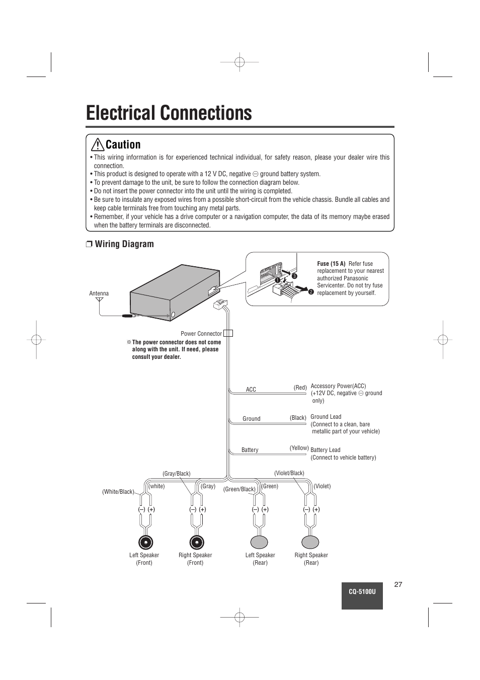 Electrical connections, Caution, Wiring diagram | Panasonic CQ-5100U User Manual | Page 27 / 32