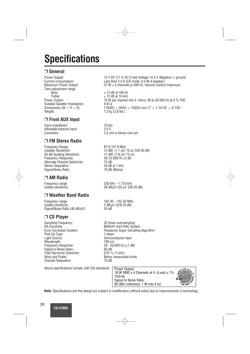 Specifications, General, Front aux input | Fm stereo radio, Am radio, Weather band radio, Cd player | Panasonic CQ-5100U User Manual | Page 28 / 32