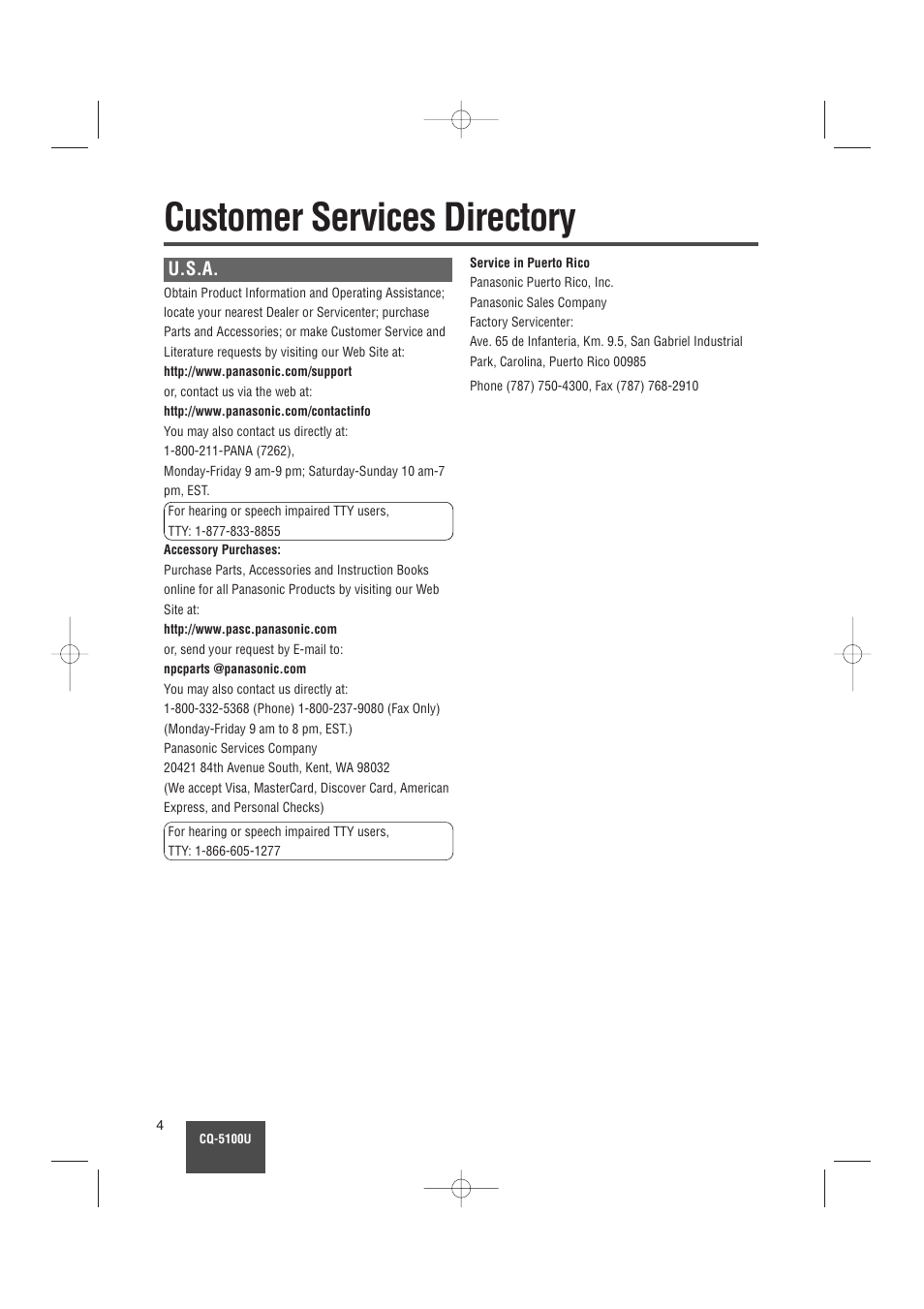Customer services directory, U.s.a | Panasonic CQ-5100U User Manual | Page 4 / 32