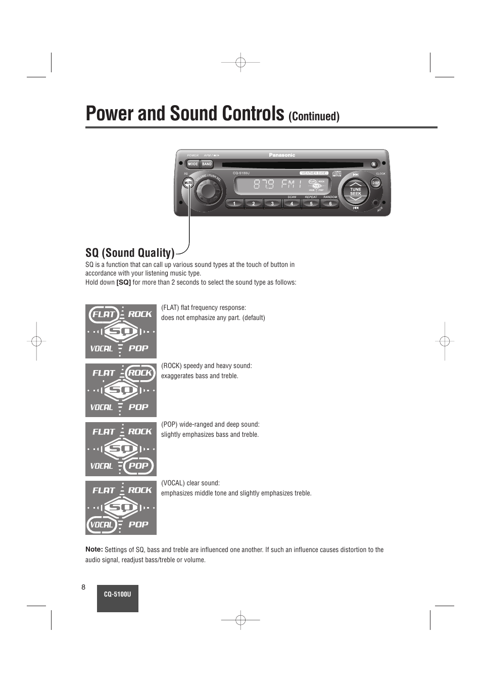 Power and sound controls, Sq (sound quality), Continued) | Panasonic CQ-5100U User Manual | Page 8 / 32
