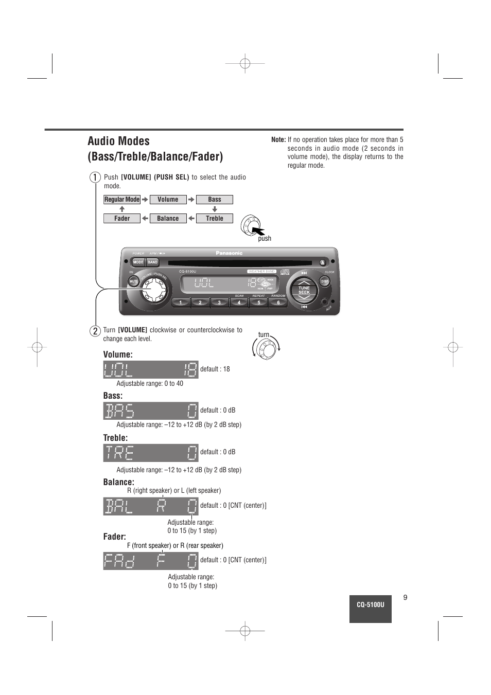 Audio modes (bass/treble/balance/fader) | Panasonic CQ-5100U User Manual | Page 9 / 32