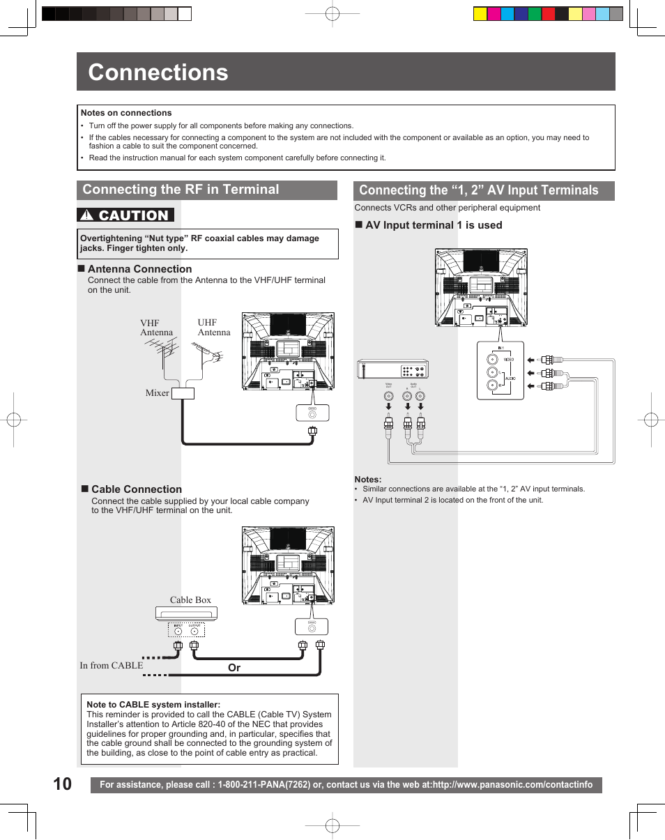 Connections, Connecting the rf in terminal, Caution | Connecting the “1, 2” av input terminals | Panasonic PV-DF2035 User Manual | Page 10 / 64