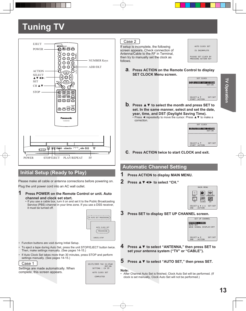 Tuning tv, Initial setup (ready to play), Automatic channel setting | Panasonic PV-DF2035 User Manual | Page 13 / 64