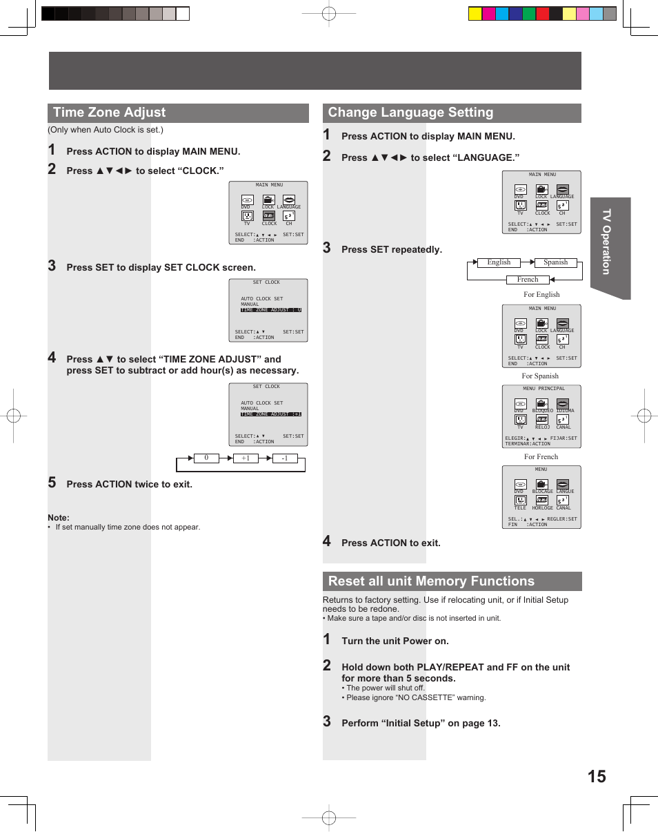 Time zone adjust, Tv operation | Panasonic PV-DF2035 User Manual | Page 15 / 64
