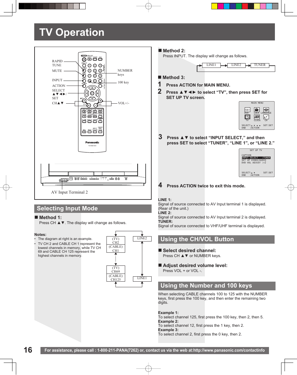 Tv operation, Selecting input mode using the ch/vol button, Using the number and 100 keys | Panasonic PV-DF2035 User Manual | Page 16 / 64