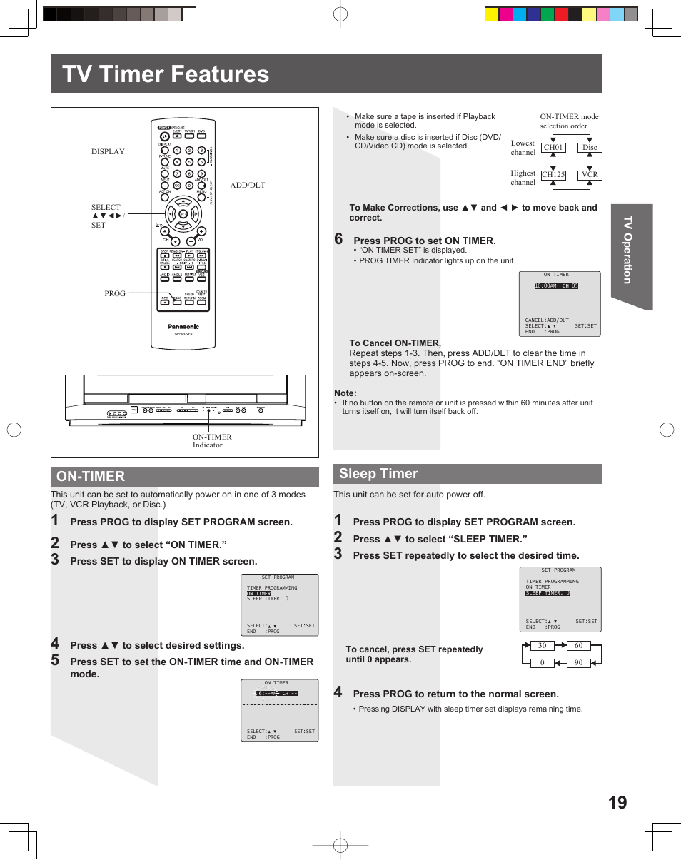 Tv timer features, On-timer sleep timer | Panasonic PV-DF2035 User Manual | Page 19 / 64