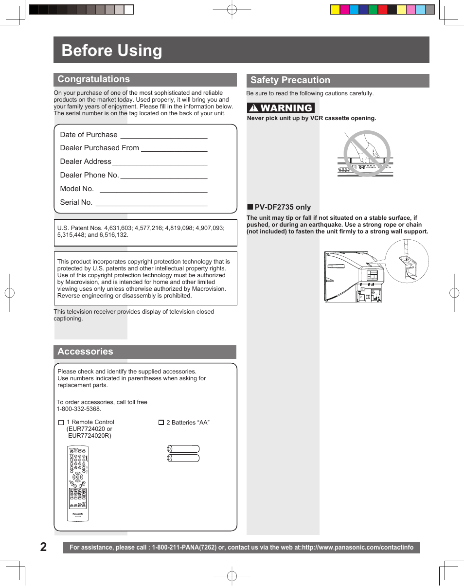 Getting started, Before using, Safety precaution | Warning | Panasonic PV-DF2035 User Manual | Page 2 / 64