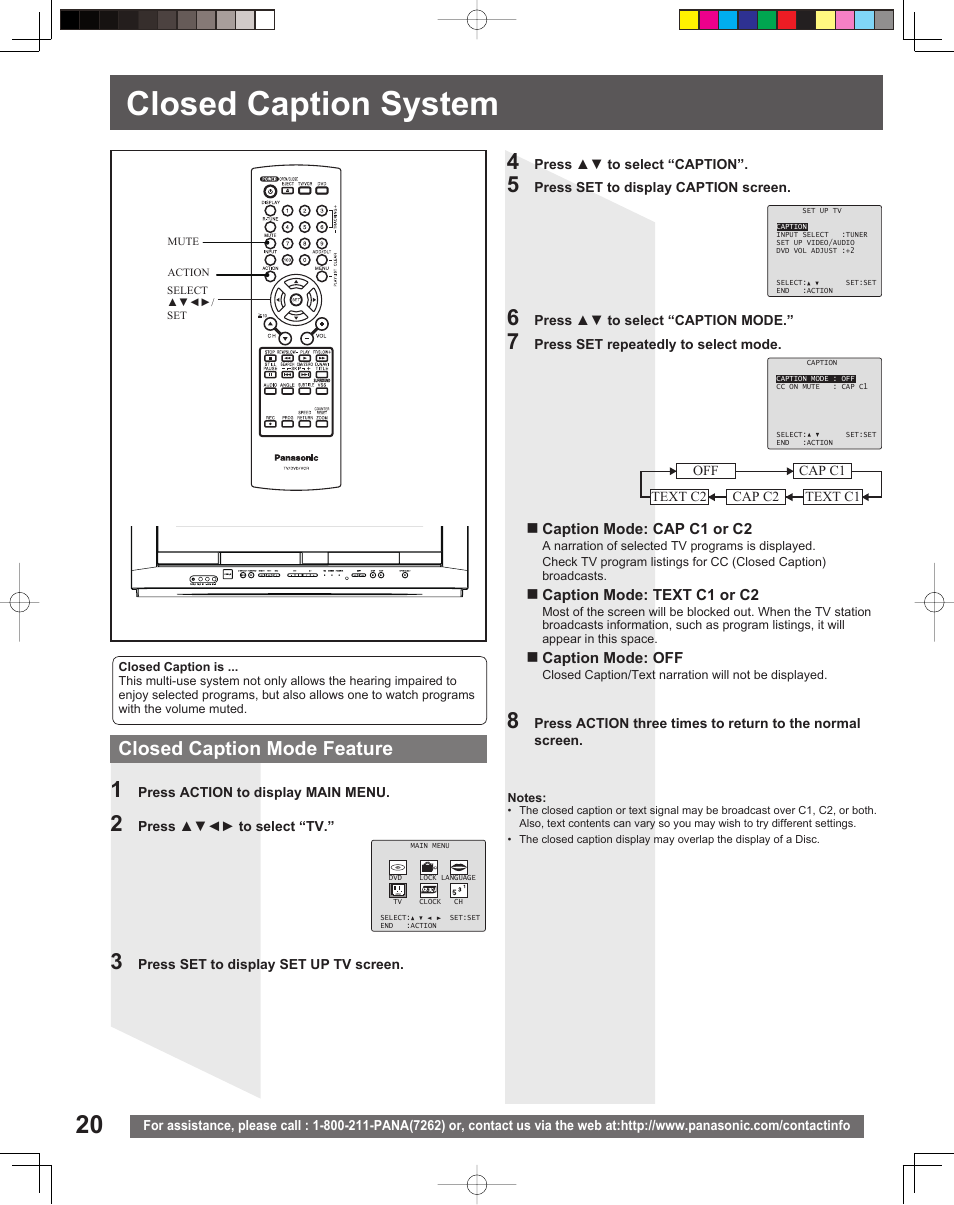 Closed caption system, Closed caption mode feature | Panasonic PV-DF2035 User Manual | Page 20 / 64