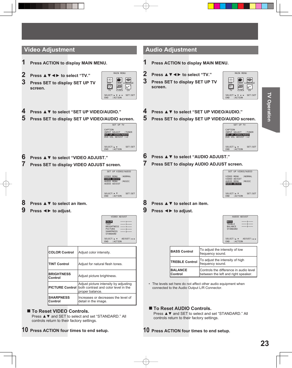 Video adjustment audio adjustment | Panasonic PV-DF2035 User Manual | Page 23 / 64