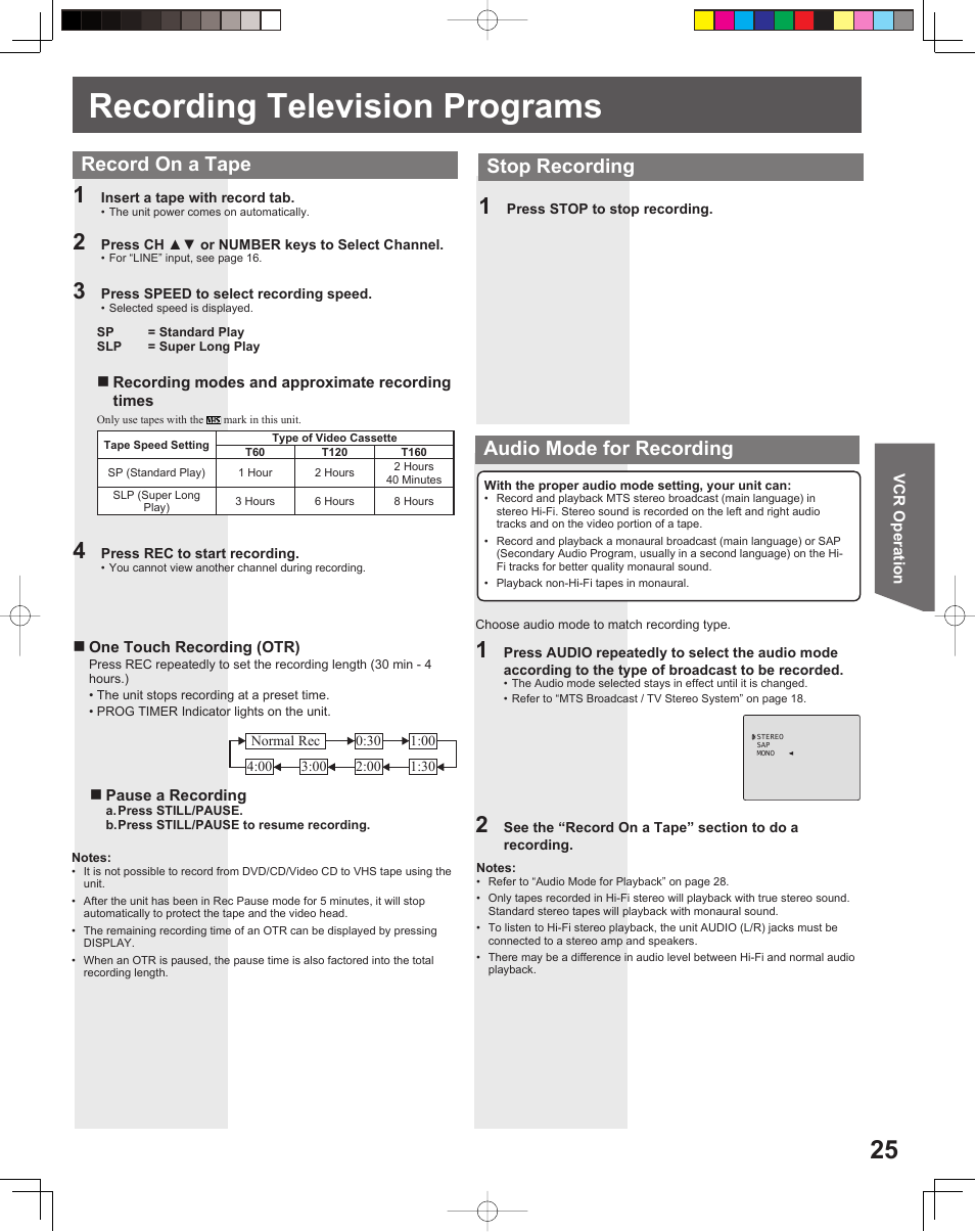 Recording television programs, Record on a tape audio mode for recording, Stop recording | Panasonic PV-DF2035 User Manual | Page 25 / 64