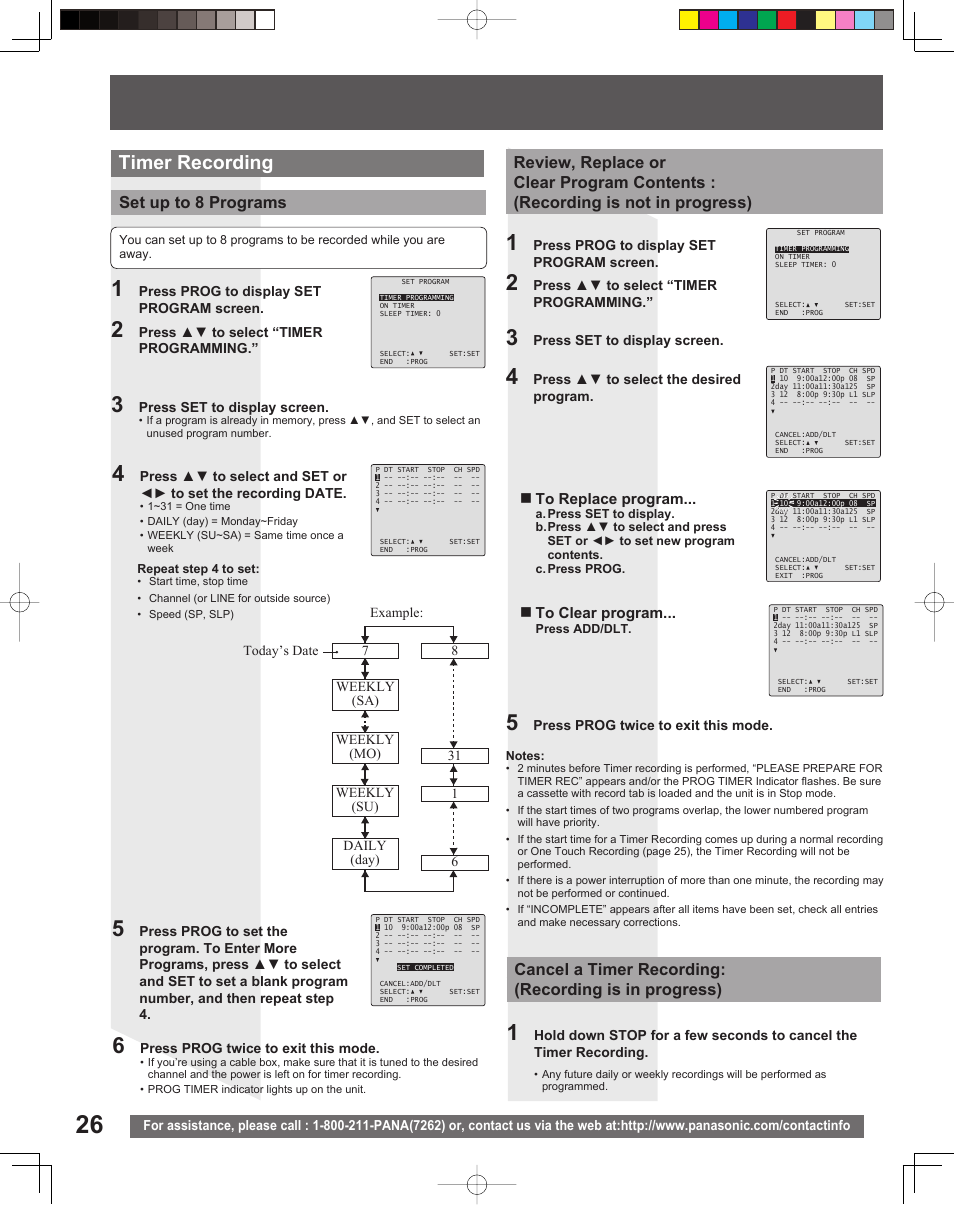 Timer recording, Set up to 8 programs | Panasonic PV-DF2035 User Manual | Page 26 / 64