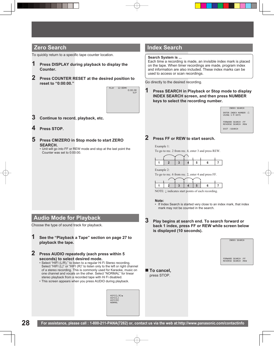 Index search, Audio mode for playback, Zero search | Panasonic PV-DF2035 User Manual | Page 28 / 64