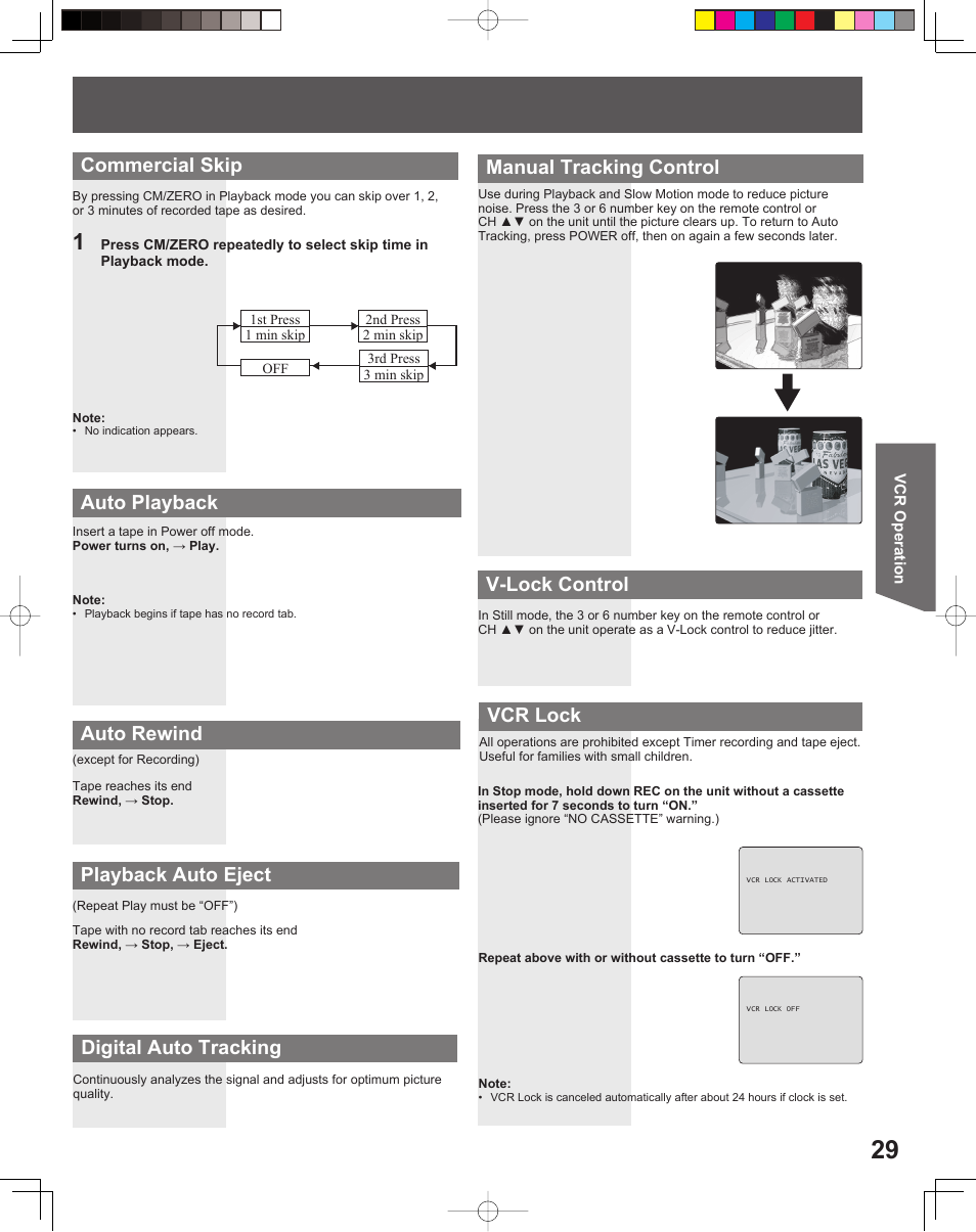 Auto playback auto rewind playback auto eject, Commercial skip, Vcr lock | Panasonic PV-DF2035 User Manual | Page 29 / 64