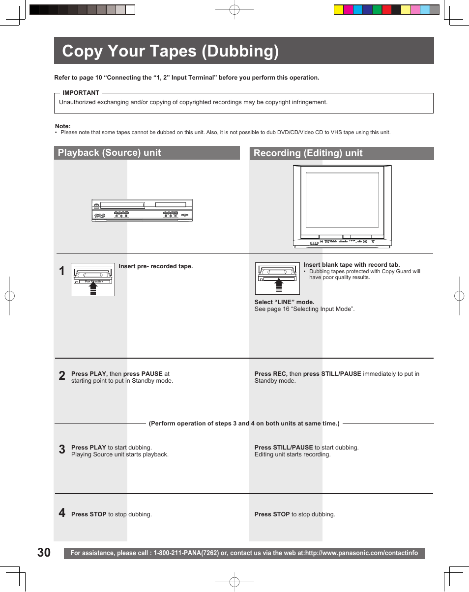 Copy your tapes (dubbing), Copy your tapes (dub bing), Playback (source) unit recording (editing) unit | Panasonic PV-DF2035 User Manual | Page 30 / 64