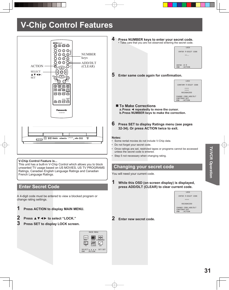 V-chip control features, Enter secret code changing your secret code | Panasonic PV-DF2035 User Manual | Page 31 / 64