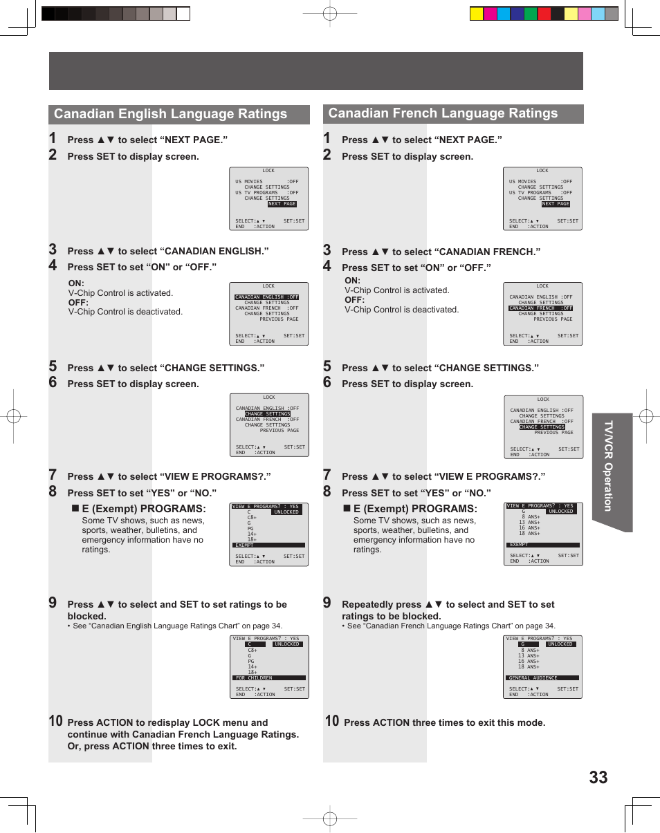 Canadian english language ratings, Canadian french language ratings, Tv/vcr operation | E (exempt) programs | Panasonic PV-DF2035 User Manual | Page 33 / 64