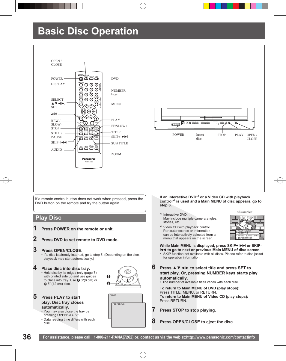 Disc operation, Basic disc operation, Play disc | Panasonic PV-DF2035 User Manual | Page 36 / 64