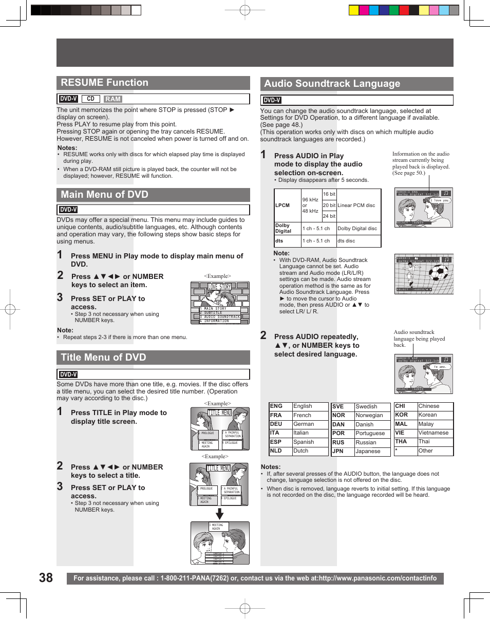 Main menu of dvd title menu of dvd, Audio soundtrack language, Resume function | Title menu, Love story | Panasonic PV-DF2035 User Manual | Page 38 / 64